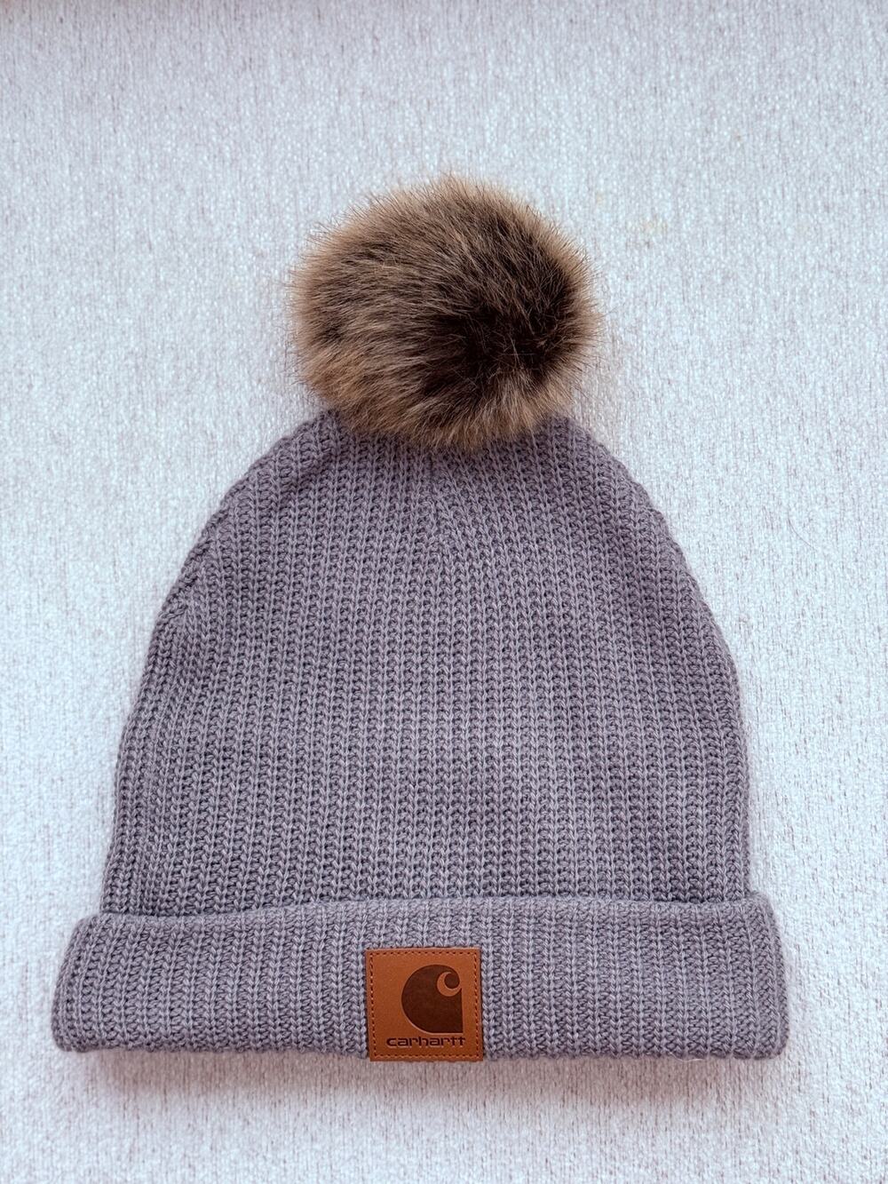 Carhartt Women’s Knit Pom Pom Hoodie Fleece Lined Cuffed Gray Faux Fur OSFA